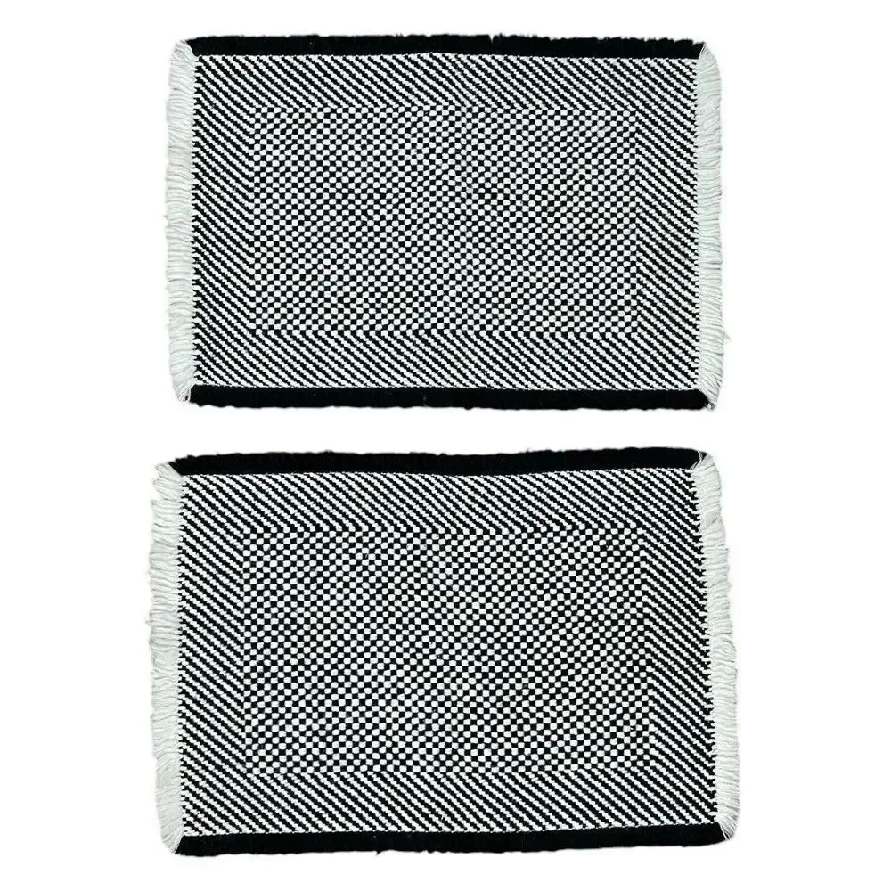 Vintage 1980s Woven Black & White Fringe Placemats Set 2 Checked 17 x 11 Unique
